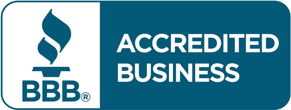 Business accreditation logo with text on a blue background.