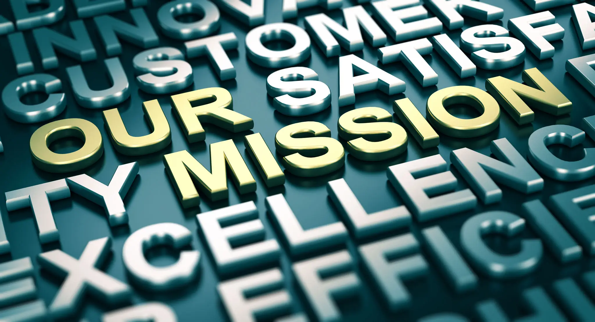 3D letters highlighting the word 'MISSION' among other words.